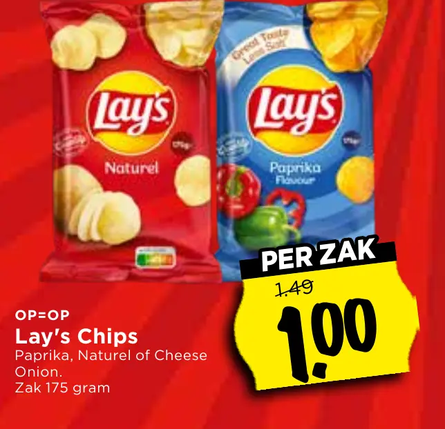 Lay's chips paprika, naturel of cheese onion