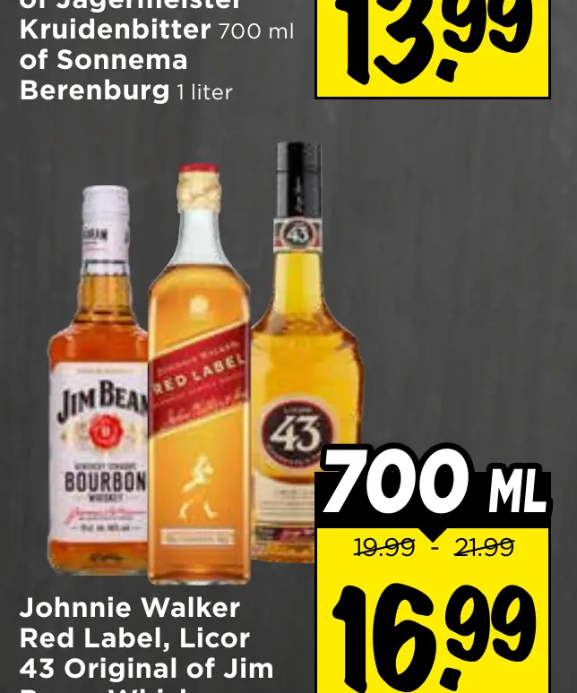 johnnie walker red label, licor 43 original of jim beam whisky