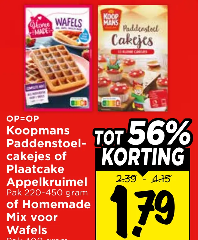 Koopmans paddenstoelcakejes of plaatcake appelkruimel of homemade mix voor wafels