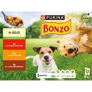 Bonzo Maaltijdzakjes in gelei rund, kip, lam 12-pack