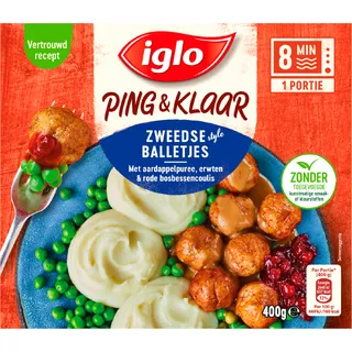Iglo Ping & Klaar Zweedse Balletjes met aardappelpuree, erwten en rode bosbessencoulis