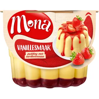 Mona Vanillepudding met aardbeiensaus